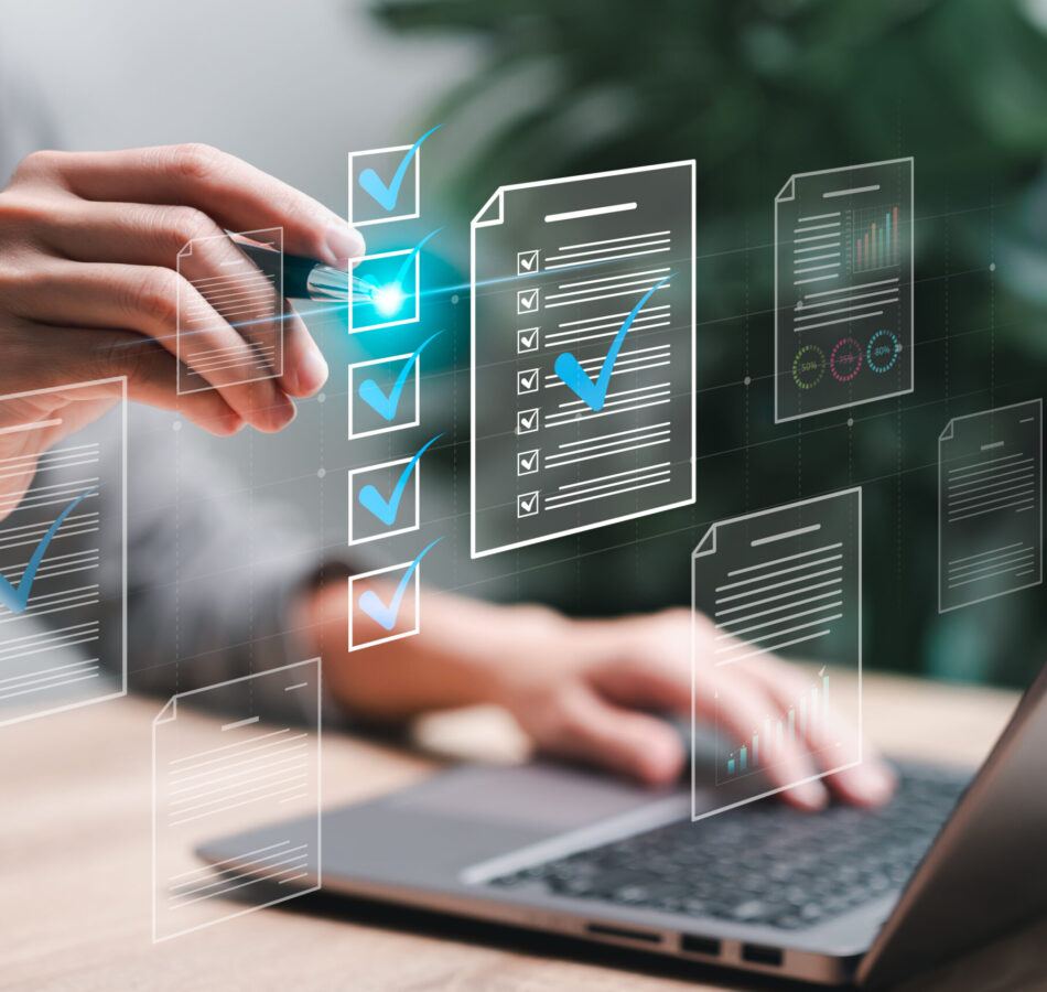 Document management concept, Businesswomen check electronic documents on digital documents on virtual screen Document Management System and process automation to efficiently document paperless operate